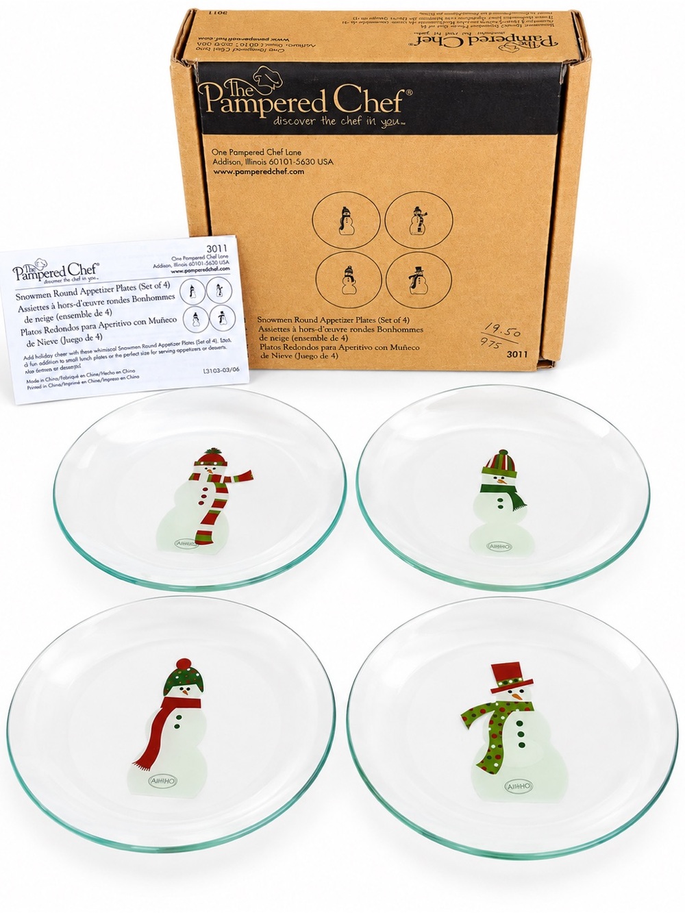 NIB Retired Pampered Chef Snowmen Appetizer Plates Set of 4 #3011
